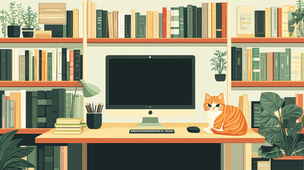 Cozy home office with cat on desk and bookshelves in background