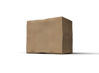 Rendered image of rectangular cardboard box with dents on a transparent background