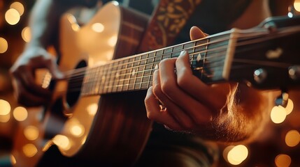 Obraz premium Acoustic Guitar Player’s Hands in Close-Up Capturing Strings and Warm Light in a Musical Moment