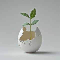 a green sprout grows from a broken eggshell