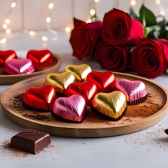 heart shaped chocolates and roses , valentine day