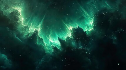 Obraz premium Abstract green light beams illuminating mystical dark space