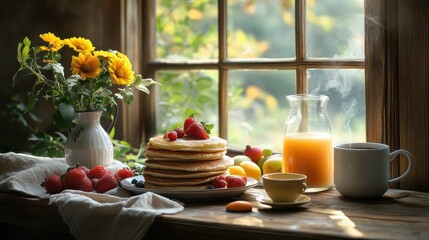 Cozy Breakfast Table Featuring Pancakes with Fresh Berries, Orange Juice, and Coffee in Bright Sunlight with Greenery