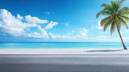 photo of asphalt road, ocean and palm tree on the horizon, blue sky with clouds