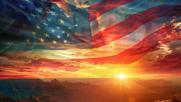 American flag waving majestically at sunset, casting a warm glow over a scenic landscape. A vibrant display of patriotism.