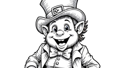 Black and white sketch of a leprechaun for St. Patrick's Day. Children's coloring book