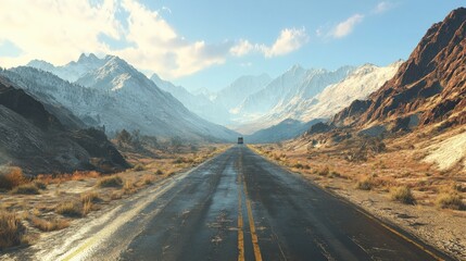 Fototapeta premium a vehicle travels down a long road toward mountains