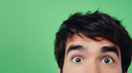Fototapeta premium real photo, a quirky man with dark hair peaking from the bottom of the screen, looking upwards, fun 