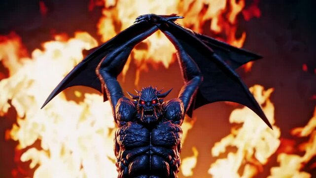 Close-up of a menacing demon with glowing red eyes and flames in the background, evoking a gothic fantasy aesthetic