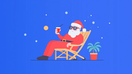 Santa reclining on a tropical beach chair, sipping a cocktail with sunglasses on