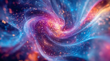 Abstract swirling nebula with vibrant colors and sparkling particles.