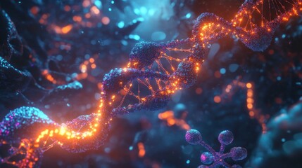 Glowing DNA helix structure, microscopic view.