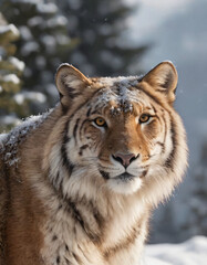 portrait of wild animals in snow, like tigers, lynxes, and wolves.