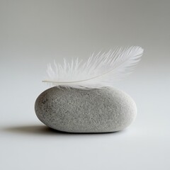 a white feather rests on a gray stone