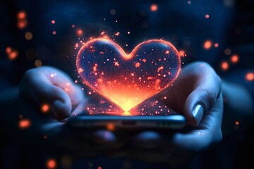 Hands holding a smartphone with a glowing red heart made of particles floating above the screen, representing love, connection, and technology