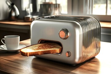 Slice of golden-brown toast is popping up from a sleek, retro-style toaster on a wooden kitchen...