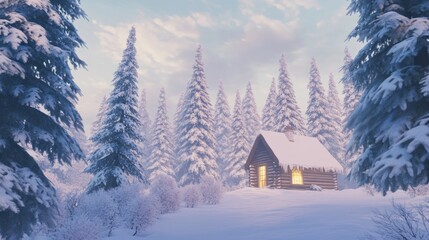 Charming wooden cabin nestled in a snowy forest with tall frost-covered pine trees. Warm light glows from the cabin windows, creating a serene winter escape surrounded by untouched snow.
