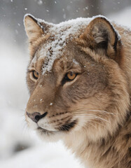 portrait of wild animals in snow, like tigers, lynxes, and wolves.