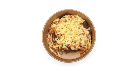 Oven-baked jacket potato recipes with cheese, chicken, tuna mayo, baked beans, red chillies, close up with white background. 