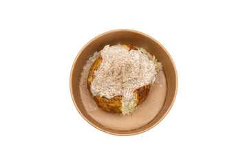 Oven-baked jacket potato recipes with cheese, chicken, tuna mayo, baked beans, red chillies, close up with white background. 