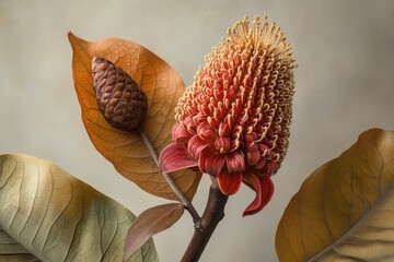 close up of a red flower with brown leaves and a brown seed pod on a stem