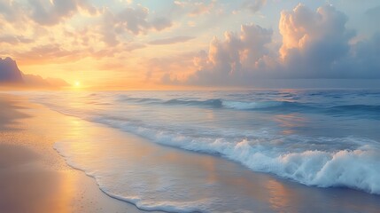 Obraz premium Serene sunrise over ocean beach with gentle waves.