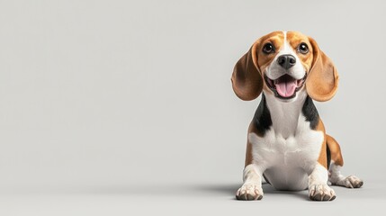 Happy beagle dog lying down on grey background.