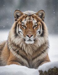 portrait of wild animals in snow, like tigers, lynxes, and wolves.