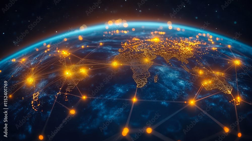 Poster global network technology concept around planet earth with 3d rendering visualization
