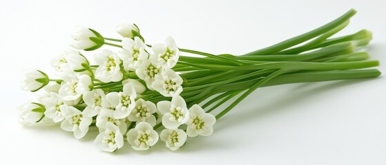 Obraz premium a bouquet of white flowers with green stems on a white background