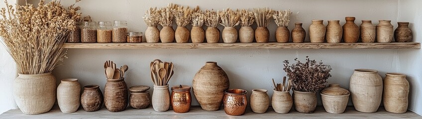 Charming Scandinavian Farmhouse Kitchen with Whitewashed Wood Cabinets, Open Shelving, and Copper Cookware