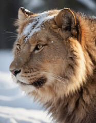 portrait of wild animals in snow, like tigers, lynxes, and wolves.