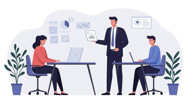 A corporate team and manager working together in a meeting. Their focused energy signifies a collaborative effort, ideas are exchanged and strategies are formulated to propel the business forward.