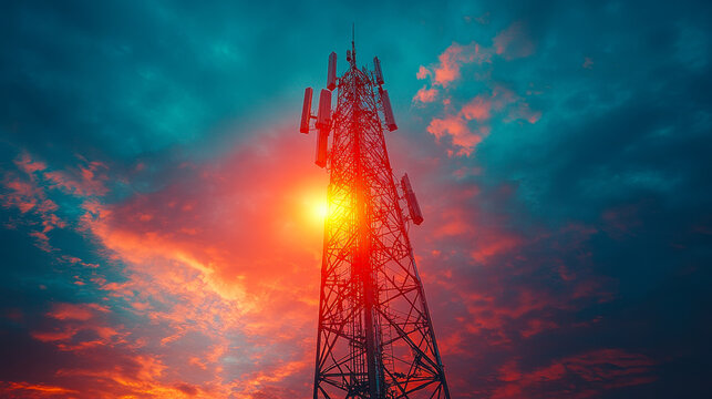 Dramatic Low Angle View of Cell Tower Against Vibrant Sky Highlighting EMF Concerns