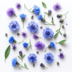 flat lay of blue and purple cornflowers on white background