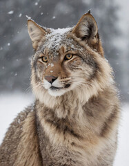 portrait of wild animals in snow, like tigers, lynxes, and wolves.