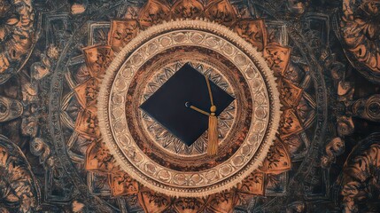 An intricate mandala surrounding a graduation cap and diploma.