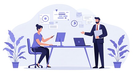 A corporate team and manager working together in a meeting. Their focused energy signifies a collaborative effort, ideas are exchanged and strategies are formulated to propel the business forward.