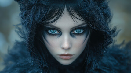 Fototapeta premium Eerie Woman in Black Rabbit Costume with Intense Gaze Evoking Dark Fantasy