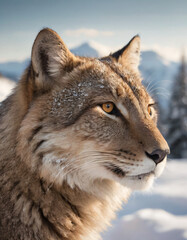 portrait of wild animals in snow, like tigers, lynxes, and wolves.