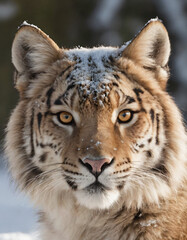 portrait of wild animals in snow, like tigers, lynxes, and wolves.
