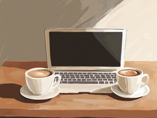 two cups of coffee next to a laptop on a wooden table
