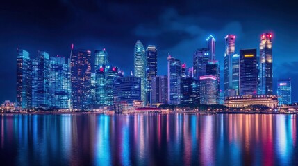 Naklejka premium city skyline at night with reflections in the water