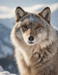portrait of wild animals in snow, like tigers, lynxes, and wolves.