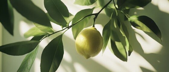 Fototapeta premium a lemon hangs on a branch with leaves