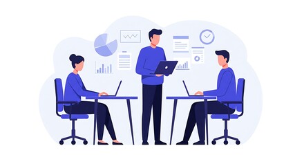 A corporate team and manager working together in a meeting. Their focused energy signifies a collaborative effort, ideas are exchanged and strategies are formulated to propel the business forward.