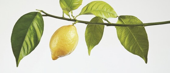 A fresh lemon and green leaves on a branch