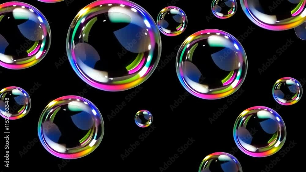 Poster Video with abstract background with realistic transparent colorful soap bubbles with rainbow reflection. Backdrop with bubble blower.