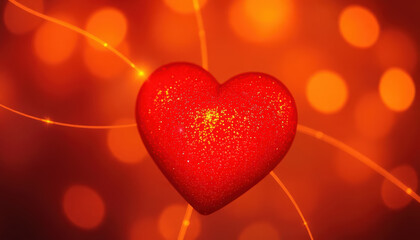 A radiant pink heart with a sparkling surface, glowing warmly against a vibrant bokeh background of golden lights.
