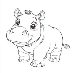 Naklejka premium Adorable cartoon hippo illustration in black and white, perfect for children's coloring activities and educational purposes.